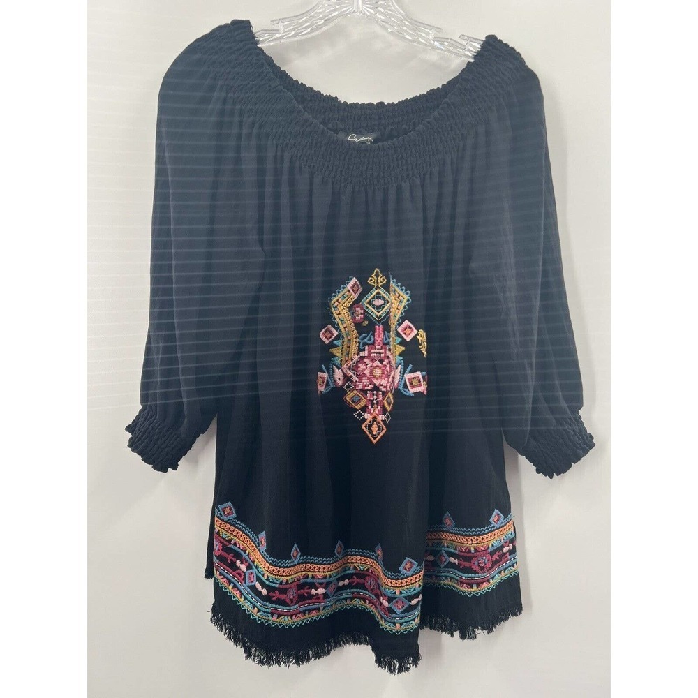Calessa Women’s 3/4 Smocked Sleeve Off Shoulder Embroidered Blouse Black Size M